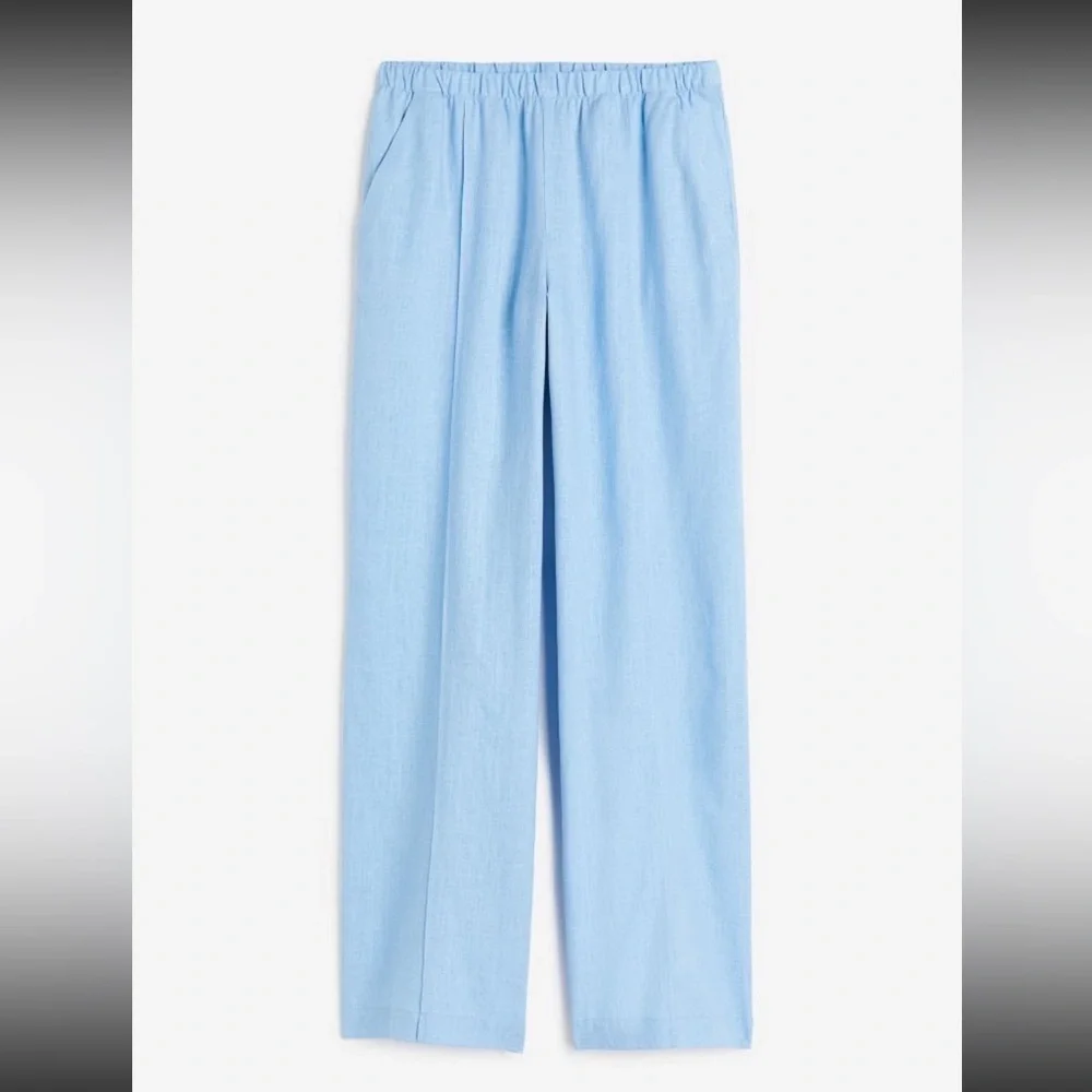 H&M Women’s Low Rise Light Blue Elastic Linen Pull On Pants Size Large